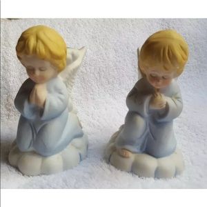 VINTAGE SET of 2 PRAYING ANGEL TAPER CANDLE HOLDERS, BISQUE CERAMIC,TAIWAN R.O.C